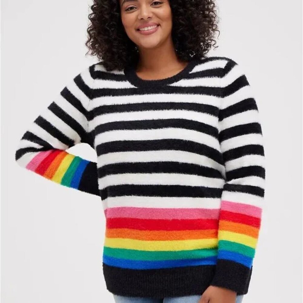 Torrid Rainbow Striped Black White Fuzzy eyelash knit  Pullover Sweater Womens 4
